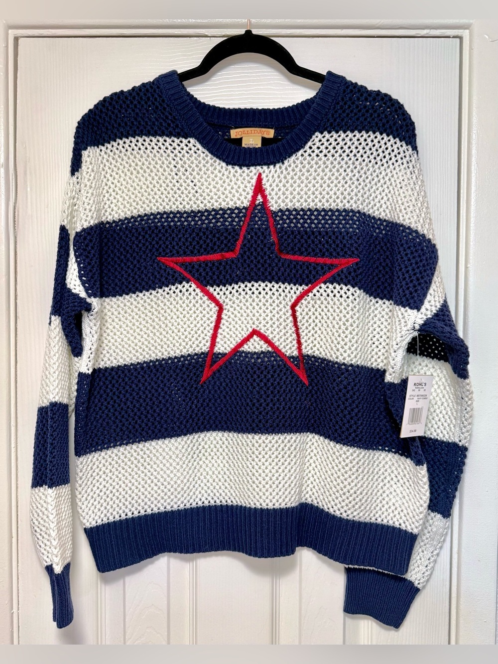 Striped Navy & White Star-Front Open Knit Sweater